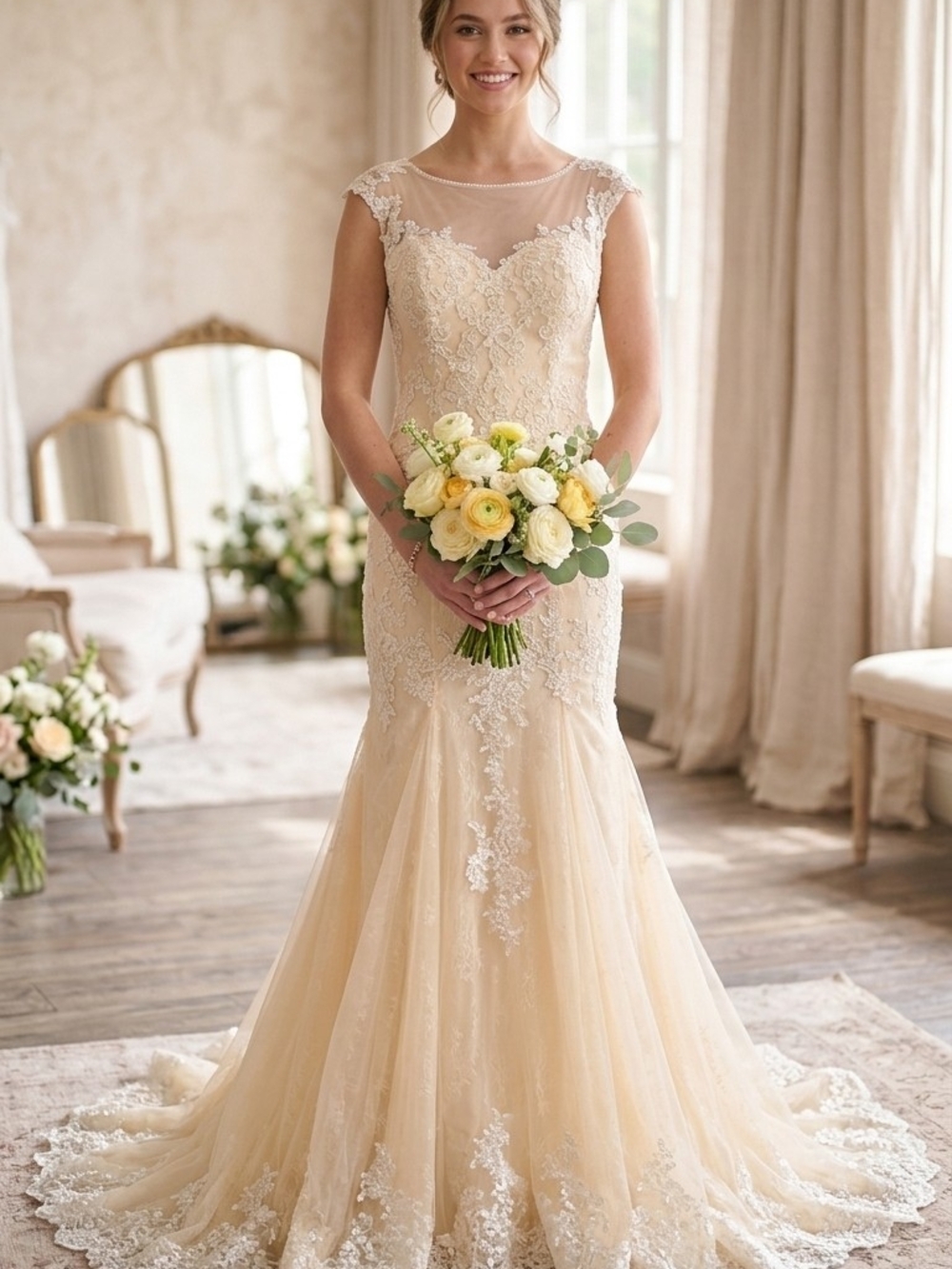 Romantic Lace Mermaid Wedding Dress in Champagne